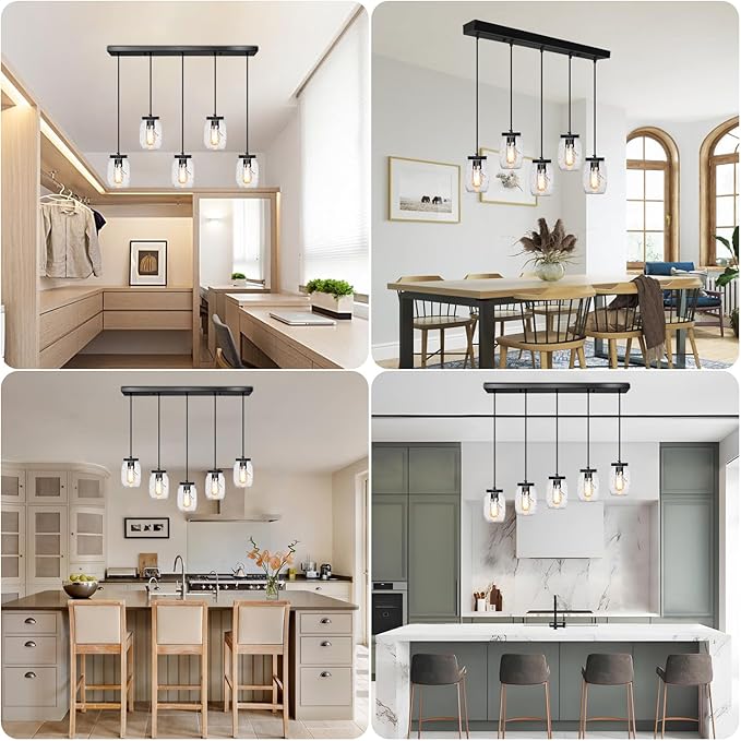 5-Light Glass Mason Jar Light Fixtures, Farmhouse Kitchen Island Pendant Lighting, Rustic Adjustable Height Jar Ceiling Lights for Over Sink, Dining Room, Foyer, Stairway, Hallway, Entryway, Porch