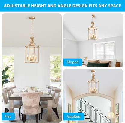 XINGQI Gold Chandeliers for Dining Room,4 Light Hanging Lantern Pendant Light Fixture Metal Farmhouse Geometric Chandelier Cage Pendant for Kitchen Island Entryway Living Room