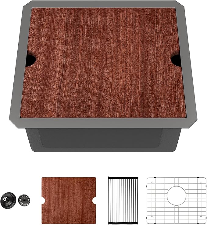 Sarlai 17 Black Undermount Bar Sink - 17 x 15 Inch Undermount Workstation Bar Prep Sink Gunmetal Black Under Mount Single Bowl Small Bar Outdoor 16 Gauge Stainless Steel RV Kitchen Sinks Basin