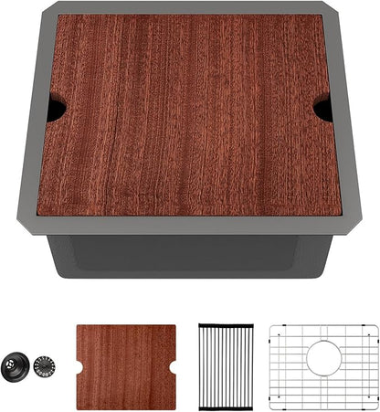 Sarlai 17 Black Undermount Bar Sink - 17 x 15 Inch Undermount Workstation Bar Prep Sink Gunmetal Black Under Mount Single Bowl Small Bar Outdoor 16 Gauge Stainless Steel RV Kitchen Sinks Basin