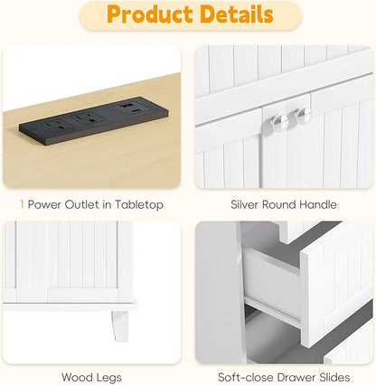 Farmhouse Kitchen Island with Drop Leaf and 2 Seatings, Kitchen Table Set with Storage Cabinet, Drawers, Door Shelves and Power Outlet, White+Rustic Brown
