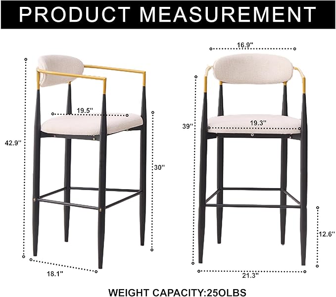 Modern Upholstered Accent Chair Set of 2 with Ergonomic Backrest,Gold Accented Armrests,Linen Fabric Seat,Black Metal Frame,Contemporary Seating for Dining Room,Kitchen Island (Beige,Bar Stool)
