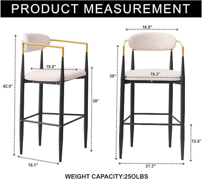 Modern Upholstered Accent Chair Set of 2 with Ergonomic Backrest,Gold Accented Armrests,Linen Fabric Seat,Black Metal Frame,Contemporary Seating for Dining Room,Kitchen Island (Beige,Bar Stool)