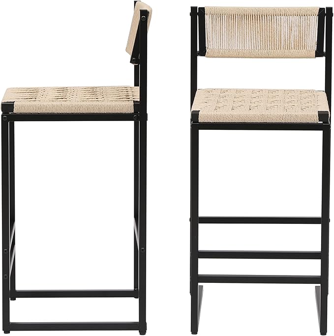 Set of 2 Woven Bar Stools with Backrest Paper Rope Weave Dining Chairs for Kitchen Island (Style B Black Creamy White)