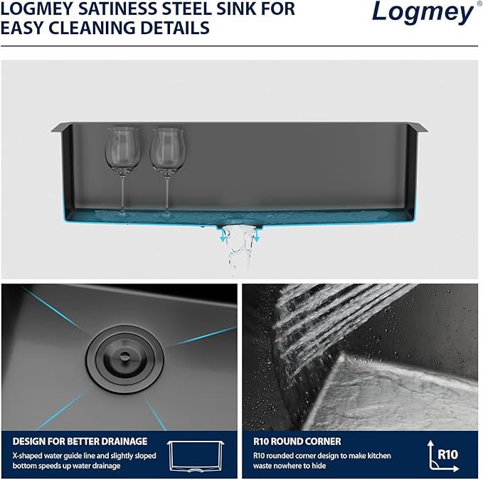 Logmey 33 Inch Black Undermount Kitchen Sink - 33x19x9 Inch Gunmetal Black Stainless steel Single Bowl 16-Gauge Kitchen Sink