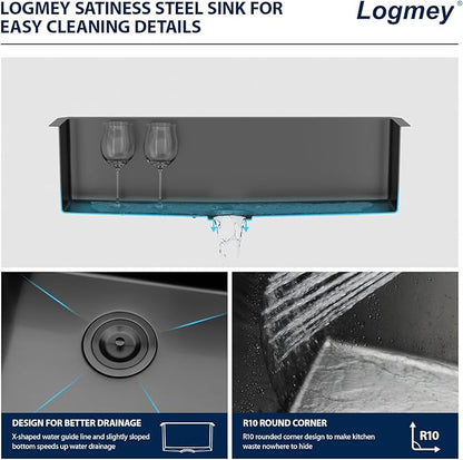 Logmey 33 Inch Black Undermount Kitchen Sink - 33x19x9 Inch Gunmetal Black Stainless steel Single Bowl 16-Gauge Kitchen Sink
