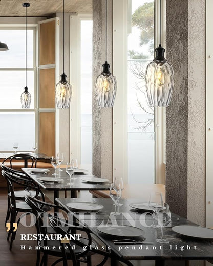Black Pendant Lights Kitchen Island, 6.3” Hammered Glass Pendant Lights, Hanging Industrial Clear Glass Pendant Light 2-Pack, Farmhouse Kitchen Pendant Light for Dining Room, Bathroom, Cafe