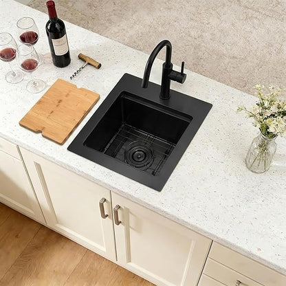 Black Drop In Bar Sink,16 Gauge 304S Stainless Steel Top Mount Kitchen SinK, All In One Workstation Sink with Accessories, 15" x 15" x 9" Small Kitchen Sink for RV,Outdoor and Wet bar