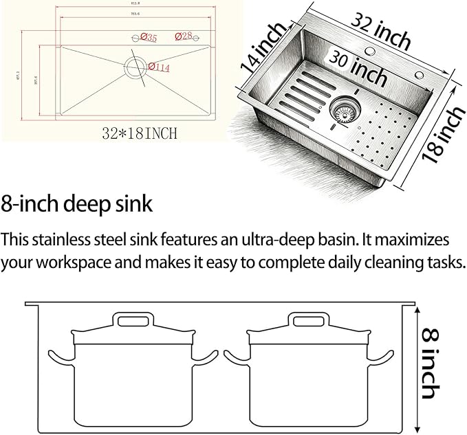 Kitchen Sink, 304 Stainless Steel Sink, Single Bowl, Drop In Kitchen Sink with Complete Accessories, Perfect for Homes, Apartments, and Modern Kitchens in All Settings (Gunmetal, 32 * 18 in)