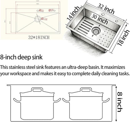 Kitchen Sink, 304 Stainless Steel Sink, Single Bowl, Drop In Kitchen Sink with Complete Accessories, Perfect for Homes, Apartments, and Modern Kitchens in All Settings (Gunmetal, 32 * 18 in)