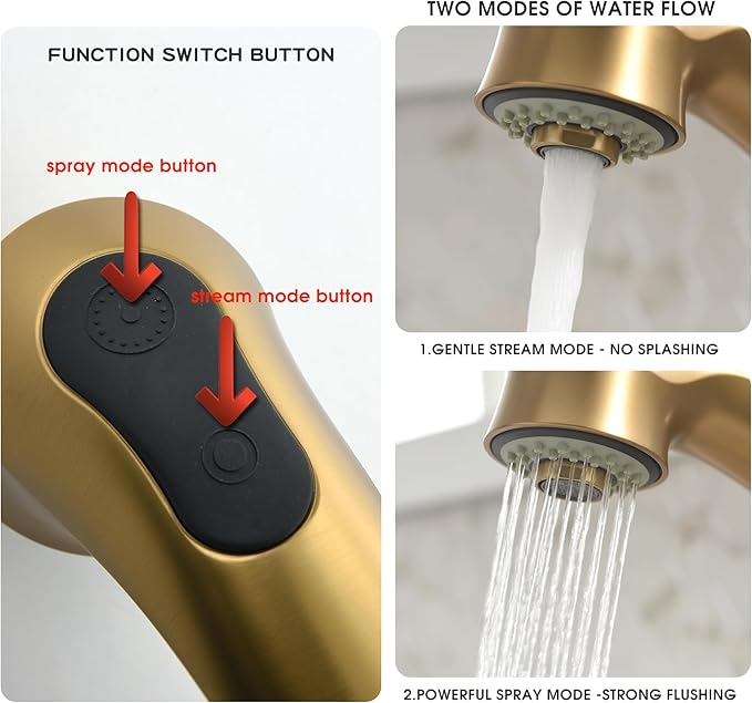 Gold Kitchen Faucet with Sprayer - Matte Brushed Gold Kitchen Sink Faucets with Pull Out Sprayer, Single Handle 1 Hole Faucet Solid Brass Commercial RV Faucets 2 Modes 150°Rotation No Lead