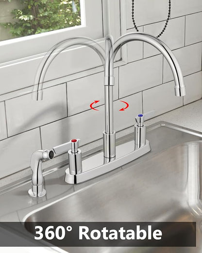 Kitchen Faucet with Sprayer 2 Handle Kitchen Sink Faucets 8 Inch Centerset 3 Hole with Supply Lines Polish Chrome