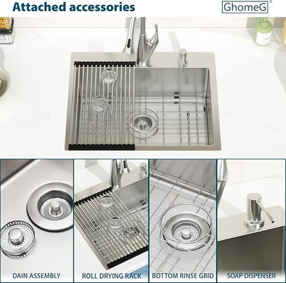 Drop in Bar Sink 22x18 Inch 16 Gauge Stainless Steel Handmade Topmount Kitchen Sink Single Bowl - 8 Inches Deep