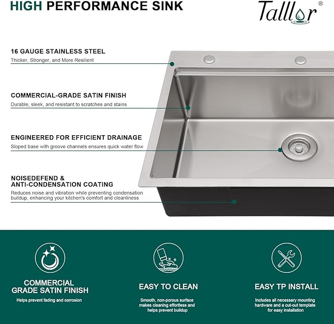 33 Inch Drop In Stainless Steel Kitchen Sink Single Bowl 16 Gauge Workstation Sink with Cup Washer, Mixing Bowl and Pasta Strainer #TLT-0046