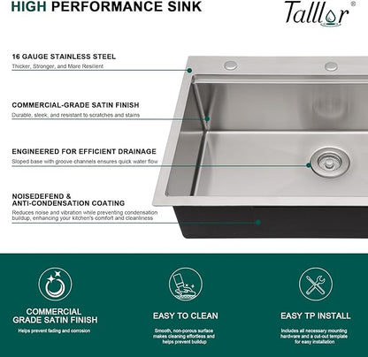 33 Inch Drop In Stainless Steel Kitchen Sink Single Bowl 16 Gauge Workstation Sink with Cup Washer, Mixing Bowl and Pasta Strainer #TLT-0046