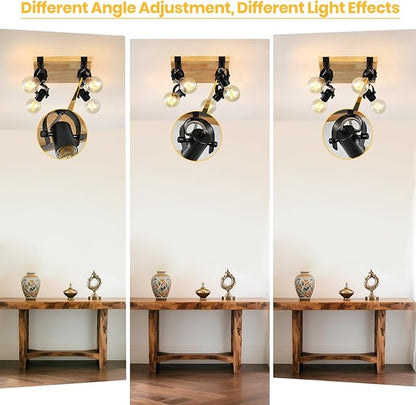 SEEBLEN Farmhouse Wooden Flush Mount Ceiling Lamp,4-Light Directional Ceiling Spotlight Track Light Kits,Rustic Farmhouse Kitchen Light Fixtures for Kitchen Bathroom Bedroom Hallway.