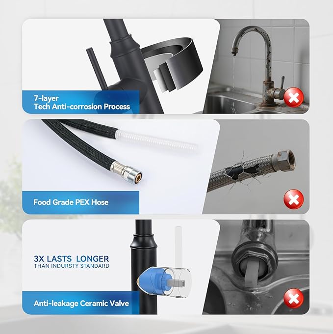 Matte Black Kitchen Faucet with Pull Down Spayer Arofa Single Handle Pull Out Kitchen Sink Faucet with Sprayer, Solid Brass Commercial Faucet for Kitchen Sink, RV, Outdoor, Laundry & Bathroom Sink