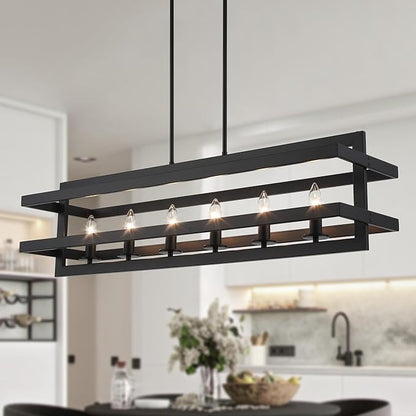 Black Chandeliers Rectangle Pendant Lights Kitchen Island Farmhouse Dining Room Light Fixtures 6-Lights Modern Chandelier for Living Room Kitchen