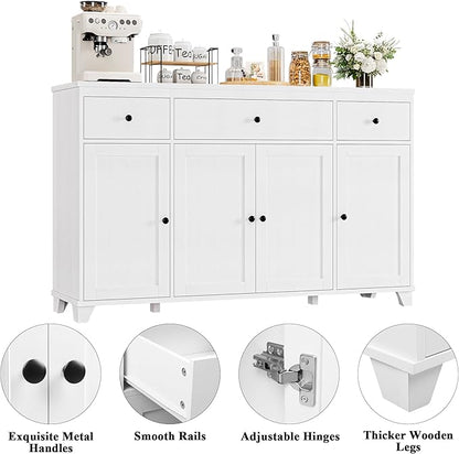 HIFIT 55" Large Kitchen Buffet Cabinet with Storage Drawers, Modern Sideboard Buffet Table Storage Cabinet with Doors and Shelves, Wood Coffee Bar Cabinet for Kitchen Dining Living Room, White
