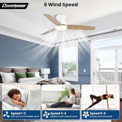 42 Inch Ceiling Fans with Lights and Remote, Bedroom Living Room Office, Flush Mount, 3CCT Dimmable, Dual Color 3 Blades 6 Speed Reversible Quiet DC Motor, White/Wood Grain, 2 Pack