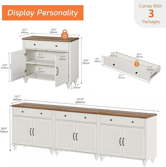 WAMAPT Buffet Cabinet with 6 Doors and 3 Drawers, Large Coffee Bar Table Wood Kitchen Storage Cabinets, Modern Farmhouse Sideboard Credenza for Dining Room, White, 101 inch