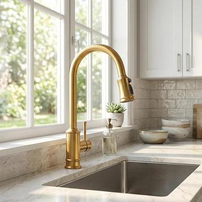 Gold Brushed Nickel Kitchen Faucet with Pull Down Sprayer, Vintage 3 Mode Sprayer Kitchen Sink Faucet for Praticial Use, Antique Farmhouse Style, Deck Mount