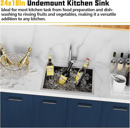 Kitchen Sink,24x18 Inch Kitchen Sink Stainless Steel Undermount Bar Sink Drop In Stylish and Modern Look Sink With Bottom Grid,Silicon Mat And Drain Assembly Add Elegance & Enhance Usability