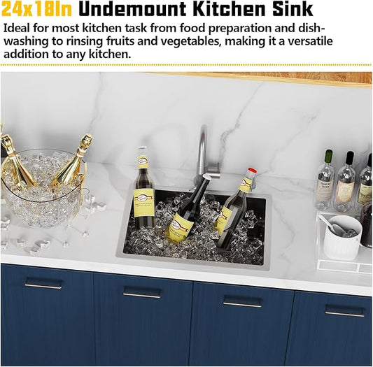 Kitchen Sink,24x18 Inch Kitchen Sink Stainless Steel Undermount Bar Sink Drop In Stylish and Modern Look Sink With Bottom Grid,Silicon Mat And Drain Assembly Add Elegance & Enhance Usability