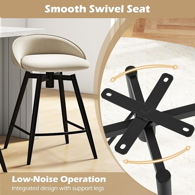 Giantex Swivel Bar Stools Set of 2, 25" Counter Height Bar Chairs with Footrest, Low Backs & Metal Frame, Upholstered Line Fabric Barstools for Kitchen Island, Cafe & Pub, Beige