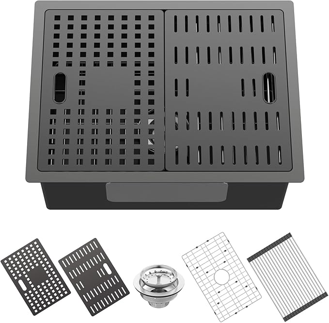 Black Kitchen Sink With Dual Cover,24"x18" Stainless Steel Undermount Single Bowl Kitchen Sink Built-in Ledge Drop In Workstation Sink Fully Covering Sink To Create Temporary Workspace/Drainage Area