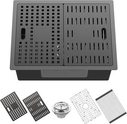 Black Kitchen Sink With Dual Cover,24"x18" Stainless Steel Undermount Single Bowl Kitchen Sink Built-in Ledge Drop In Workstation Sink Fully Covering Sink To Create Temporary Workspace/Drainage Area