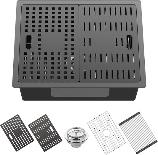 Black Kitchen Sink With Dual Cover,24"x18" Stainless Steel Undermount Single Bowl Kitchen Sink Built-in Ledge Drop In Workstation Sink Fully Covering Sink To Create Temporary Workspace/Drainage Area