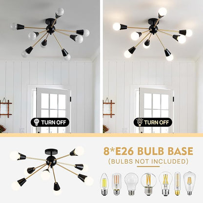 Modern Sputnik Chandelier - 8-Lights Farmhouse Ceiling Lights Fixture Black and Gold Semi Flush Mount Ceiling Light for Living Room Bedroom Hallway Entryway