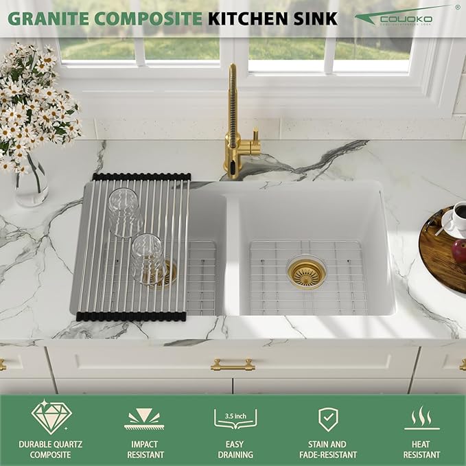 33 Granite Composite Kitchen Sink - Couoko 33x19 Inch White Undermount Granite Kitchen Sink White Quartz Sink Under Counter 50/50 Double Bowl Sink Basin