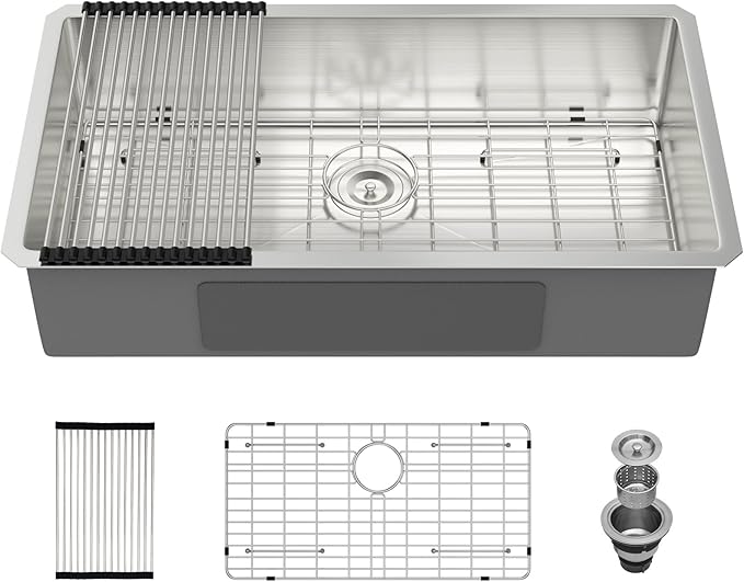 33 Inch Undermount Kitchen Sink 33"x18"x8" Single Bowl 16 Gauge Stainless Steel Under Counter Kitchen Sinks Basin with Drain Strainer