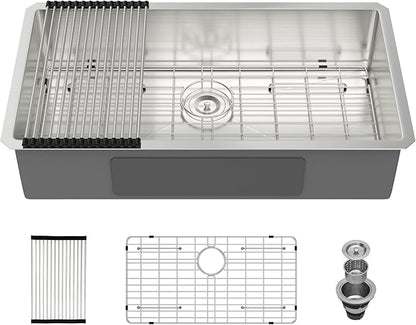 33 Inch Undermount Kitchen Sink 33"x18"x8" Single Bowl 16 Gauge Stainless Steel Under Counter Kitchen Sinks Basin with Drain Strainer