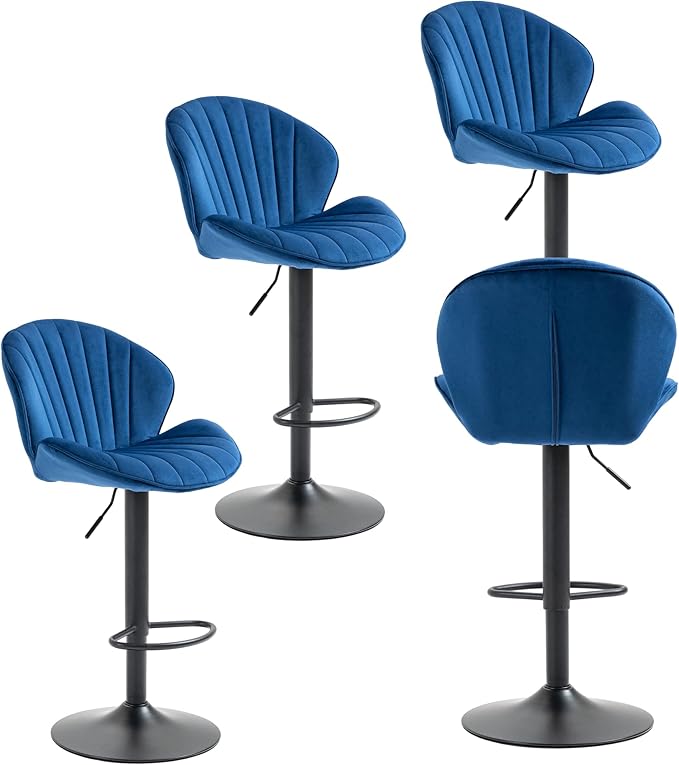 Rhomtree 24-32 Inch Swivel Bar Stools, Adjustable Counter Height Barstools, Velvet Tufted Upholstered and Footrest Barstools, Upholstered Bar Chairs for Home Bar Kitchen Island(Blue Set of 4)