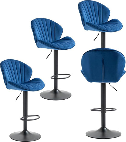 Rhomtree 24-32 Inch Swivel Bar Stools, Adjustable Counter Height Barstools, Velvet Tufted Upholstered and Footrest Barstools, Upholstered Bar Chairs for Home Bar Kitchen Island(Blue Set of 4)