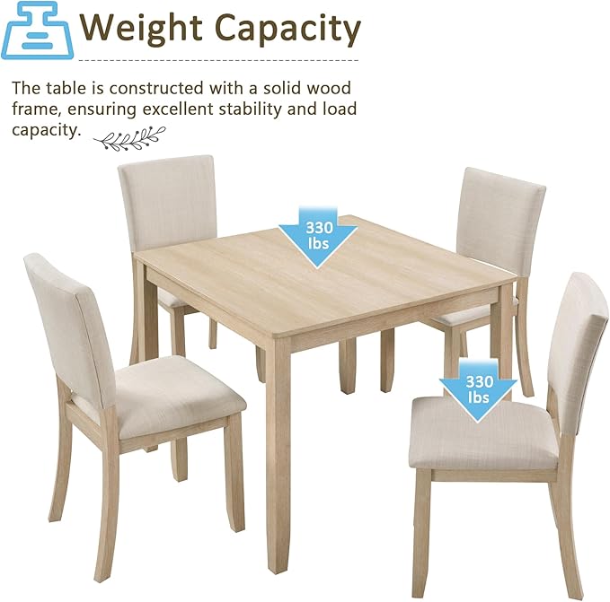 5-Piece Modern Wooden Dining Table Set for 4, Dining Table Set for 4 People with Upholstered Chairs, Square Kitchen Table and Chairs Set for Dining Room and Kitchen, Light Oak + Beige
