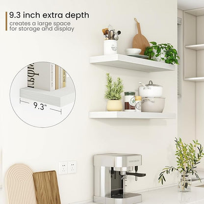 Fun Memories 32Inch Floating Shelves, 9.3Inch Deep Rustic Wall Shelves - Extra Deeper & Thicker Wall Mounted Storage Shelf for Kitchen, Farmhouse - Set of 2 - Rustic White