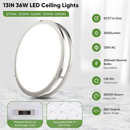 36W LED Flush Mount Ceiling Light Fixture, 13inch LED Ceiling Light 3600LM, Modern Ceiling Light 2700K/3000K/4000K/5000K/6500K 5CCT, Brushed Nickle Dimmable Ceiling Lamp for Living Room Kitchen,1 Pack