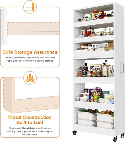 Slim Storage Cart, Lightweight 6 Tier Metal Rolling Utility Kitchen Cart on Wheels, Mobile Storage Shelving Unit Organizer for Bathroom Laundry Office Narrow Places (White, 10" D)