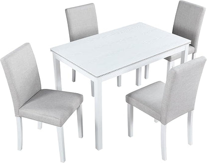 5 Piece Dining Table Set for 4, Rectangular Wooden Kitchen Table with 4 Upholstered Chairs, Elegant White Dining Room Set with Crystal Decoration