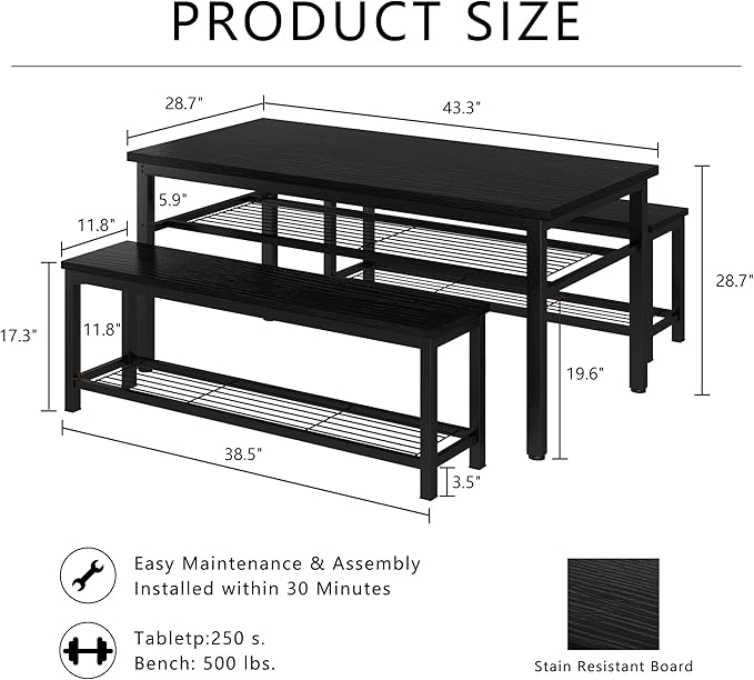 AWQM 43.3" Dining Table Set for 4, Kitchen Dining Table with 2 Benches, Dining Room Table Set with Metal Frame & Storage Rack for Kitchen, Restaurant, Black