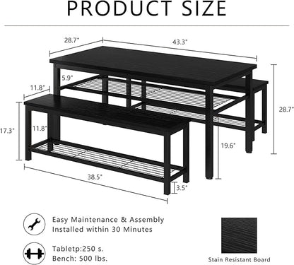 AWQM 43.3" Dining Table Set for 4, Kitchen Dining Table with 2 Benches, Dining Room Table Set with Metal Frame & Storage Rack for Kitchen, Restaurant, Black