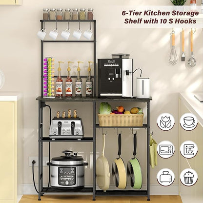 3IngSeagulls Bakers Rack with Power Outlet, Kitchen Microwave Stand with 10 S-shaped Hooks, 6-Tier Coffee Bar Station, Kitchen Storage Shelf Rack for Spices, Pots, Gray
