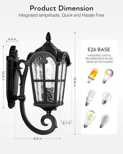 VIANIS Outdoor Lights for Porch, Black Dusk to Dawn Outside Lighting with Gold Trim, Porch Lights Outdoor with Tempered Water Ripple Glass for Garden, Patio, Entryway, Waterproof Anti-Rust