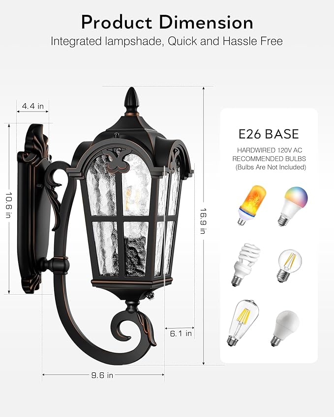 VIANIS 2 Pack Outside Lights for House Dusk to Dawn, Black Exterior Light Fixture Wall Mount, Anti-Rust Modern Outdoor Sconce Lantern with Rippled Glass for Front Porch, Garage, Hardwired, Non-Solar