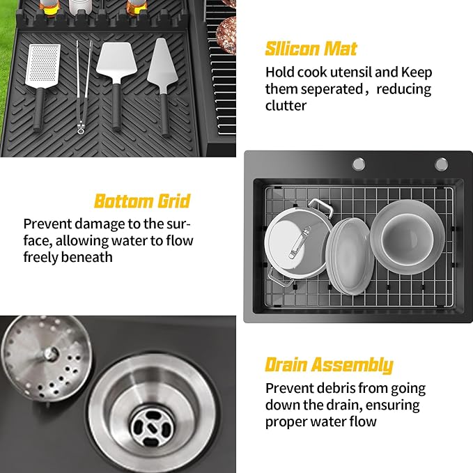 Black Kitchen Sink,24x18 Inch Kitchen Sink Stainless Steel Drop In Kitchen Sink Topmount Stylish and Modern Look Sink With Bottom Grid,Silicon Mat And Drain Assembly Add Elegance & Enhance Usability