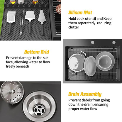 Black Kitchen Sink,24x18 Inch Kitchen Sink Stainless Steel Drop In Kitchen Sink Topmount Stylish and Modern Look Sink With Bottom Grid,Silicon Mat And Drain Assembly Add Elegance & Enhance Usability